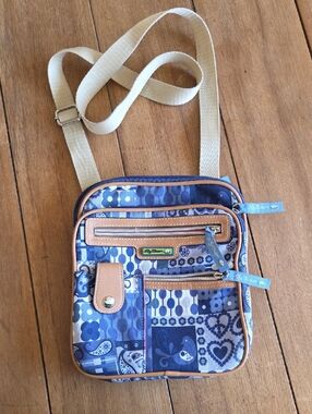 Lily Bloom Blue Patchwork Crossbody Bag with Tan Trim